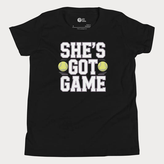 Black “She’s Got Game” varsity tennis t-shirt with bold lettering and tennis ball graphic for girls and women