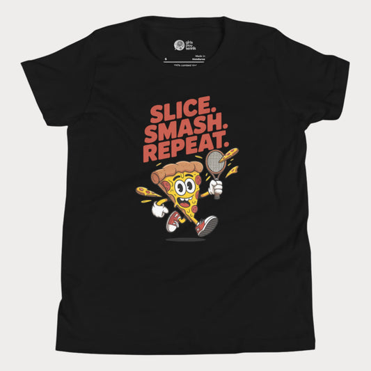 Cartoon pizza slice holding a tennis racket with the words "Slice. Smash. Repeat." on a black kids’ tennis t-shirt.