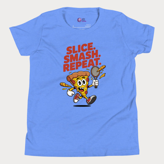 Cartoon pizza slice holding a tennis racket with the words "Slice. Smash. Repeat." on a blue kids’ tennis t-shirt.