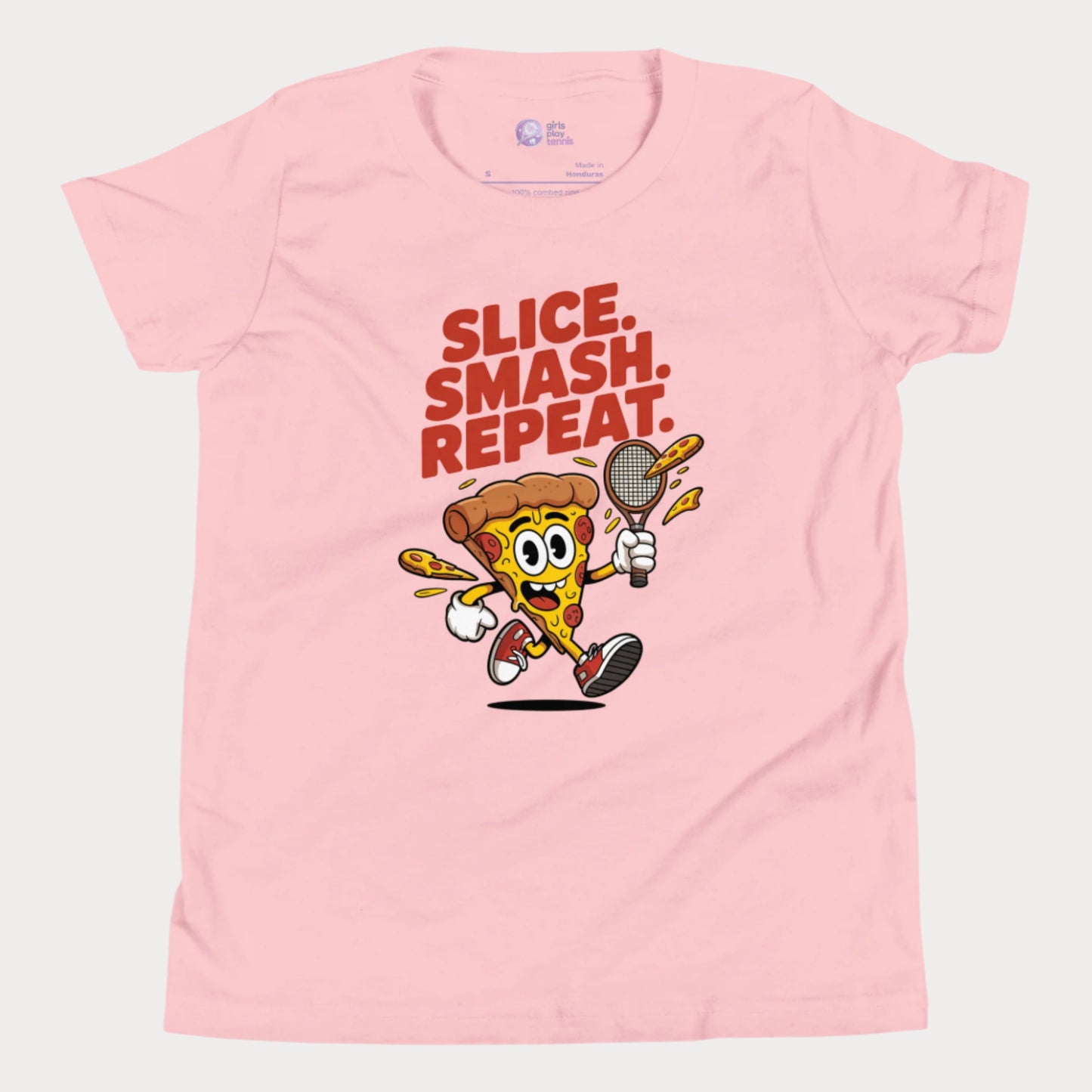 Cartoon pizza slice holding a tennis racket with the words "Slice. Smash. Repeat." on a pink kids’ tennis t-shirt.