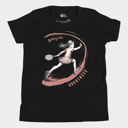 Black tennis T-shirt featuring an illustrated girl sliding on a clay court, with the phrase "Sliding into Greatness." Designed for young tennis players who love the art of movement on clay.