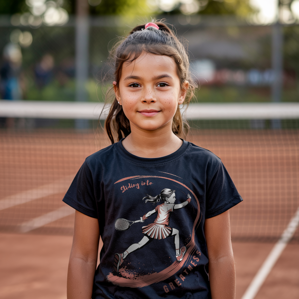 Young girl on a clay tennis court wearing a black t-shirt featuring an illustrated girl sliding on clay while performing a tennis swing. Slogan is Sliding into Greatness.