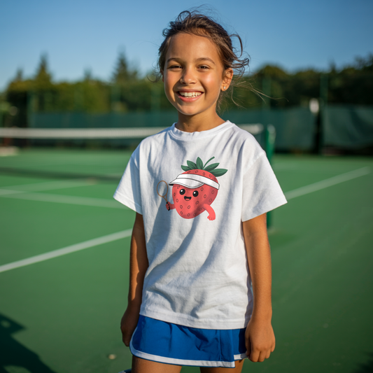 Young girl wearing a white girls tennis t-shirt with a smiling strawberry in a visor holding a tennis racket, minimal cute design.