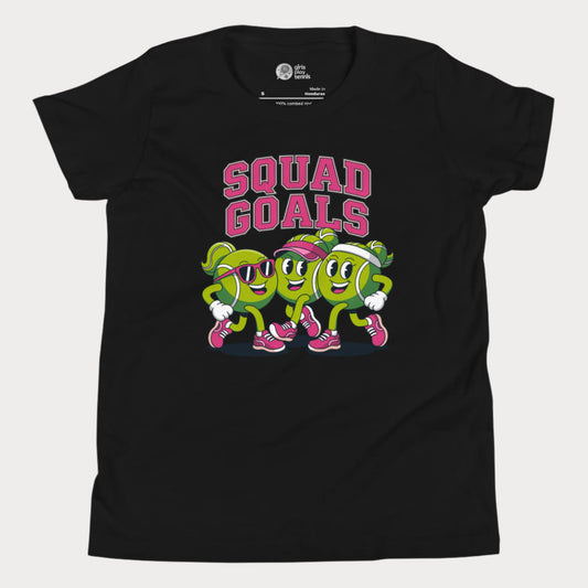 Cartoon tennis ball characters on a girls t-shirt with the phrase "Squad Goals"