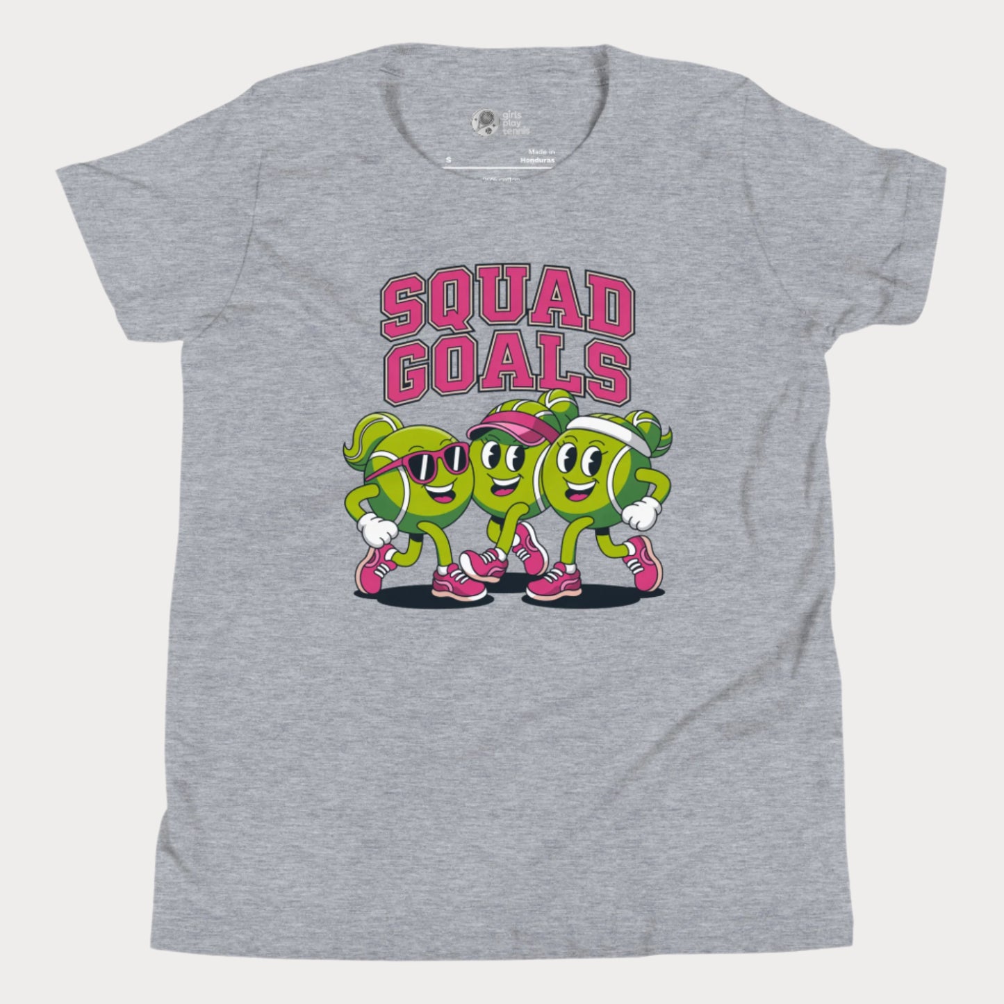 Cartoon tennis ball characters on a girls t-shirt with the phrase "Squad Goals"