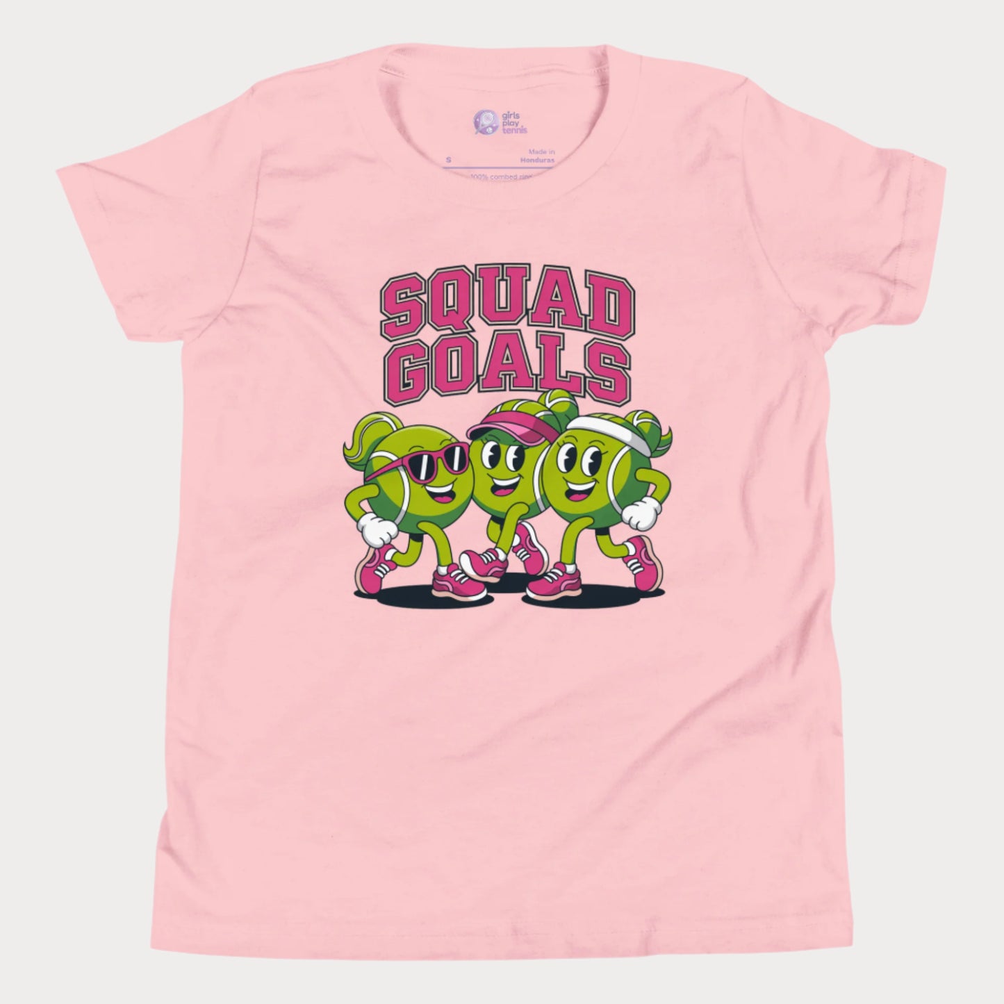 Cartoon tennis ball characters on a girls t-shirt with the phrase "Squad Goals"