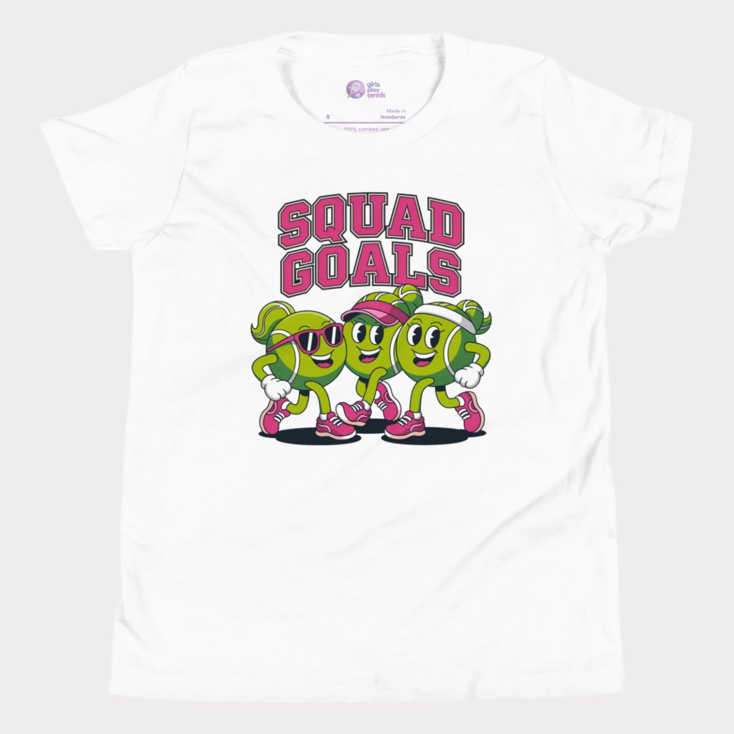 Cartoon tennis ball characters on a girls t-shirt with the phrase "Squad Goals"