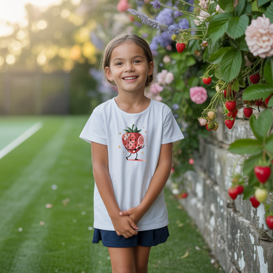 Young girls wearing a white girls tennis t-shirt with cartoon strawberry holding a tennis racket – Strawberry Backhand design.