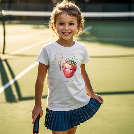 Young girl standing on a tennis court and wearing a strawberry-themed girls tennis t-shirt with sparkly fruit design.