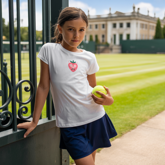 Young girl standing by the gate of an old England tennis club wearing a strawberry tennis graphic girls t-shirt with crossed racquet design.