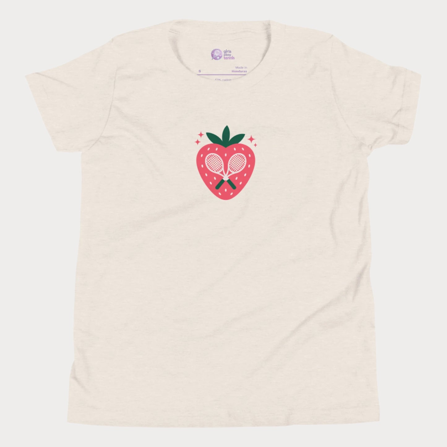Strawberry tennis graphic girls t-shirt with crossed racquet design.