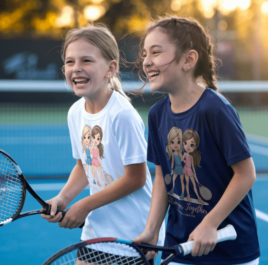 Two friends on a tennis court wearing matching white and navy girls' tennis t-shirts featuring two illustrated tennis players in blue and pink outfits holding rackets, with the empowering phrase "Stronger Together, Fiercer Forever."