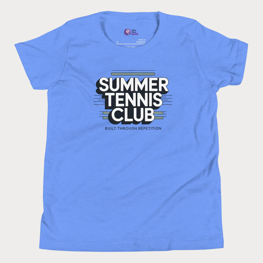Blue Summer Tennis Club varsity-inspired tennis t-shirt for kids and teens