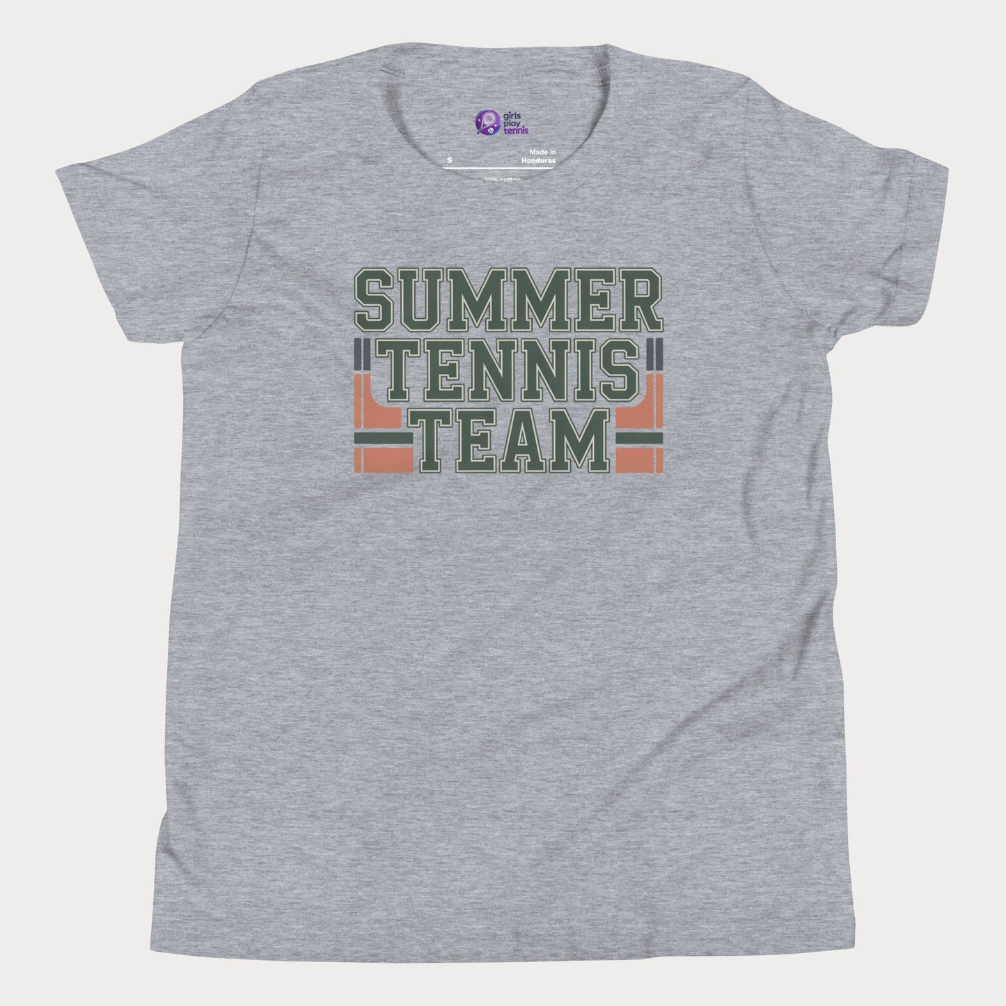 Grey Summer Tennis Team varsity-inspired tennis t-shirt for kids and teens
