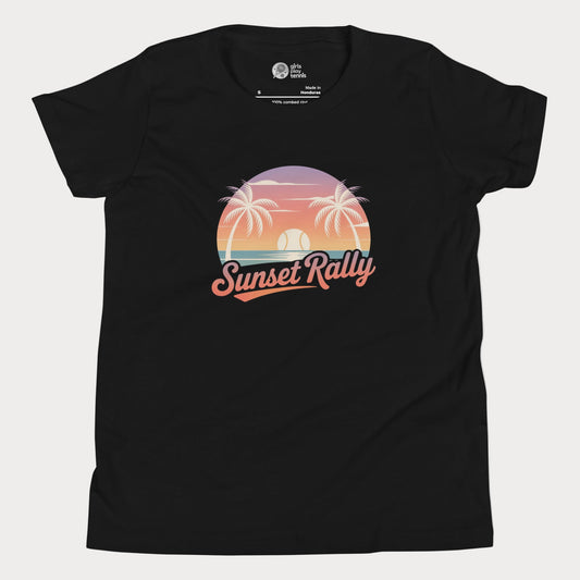 Sunset Rally tennis t-shirt with palm trees and sunset design for players and fans