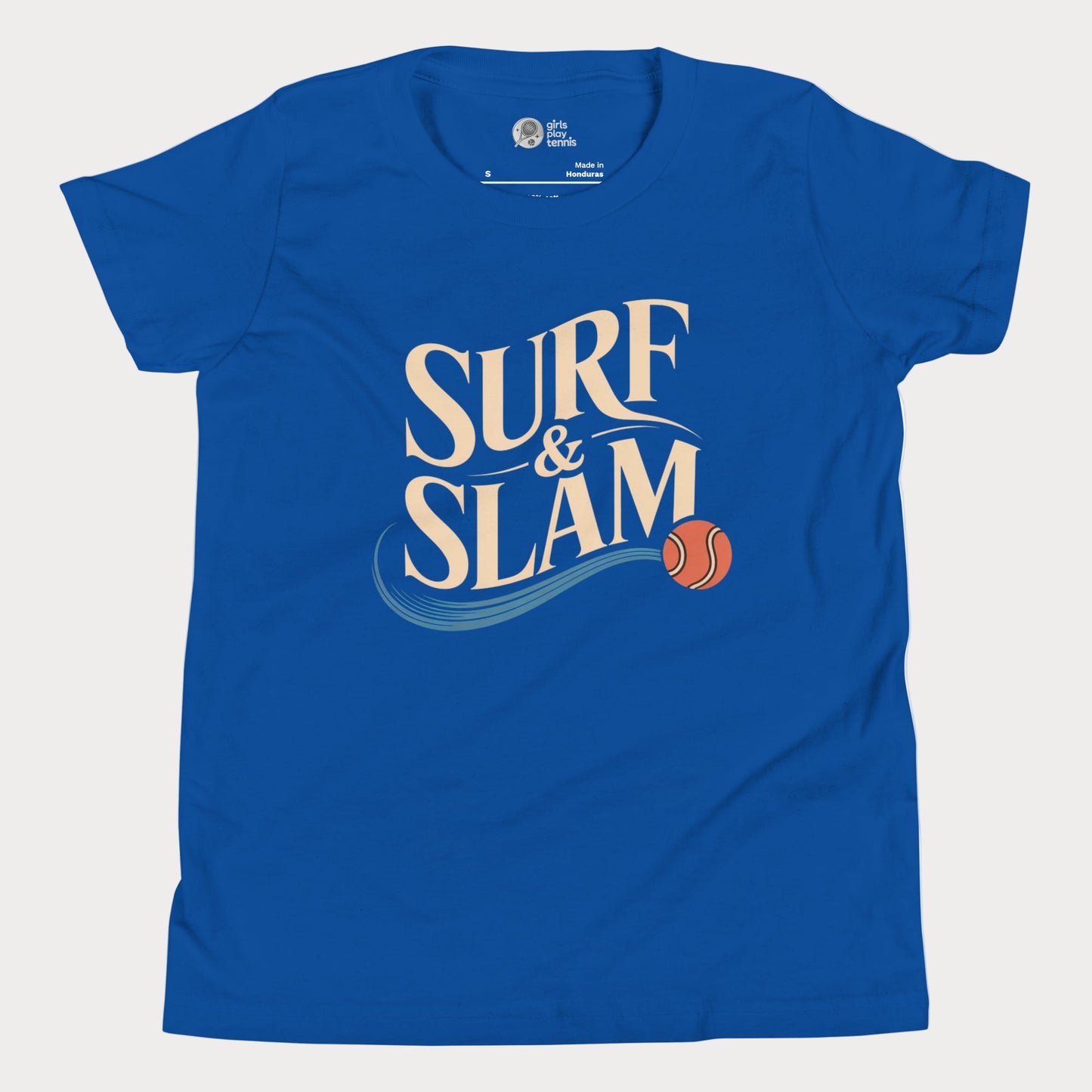 Surf & Slam tennis t-shirt with wave accent and tennis ball inspired by Australian summer