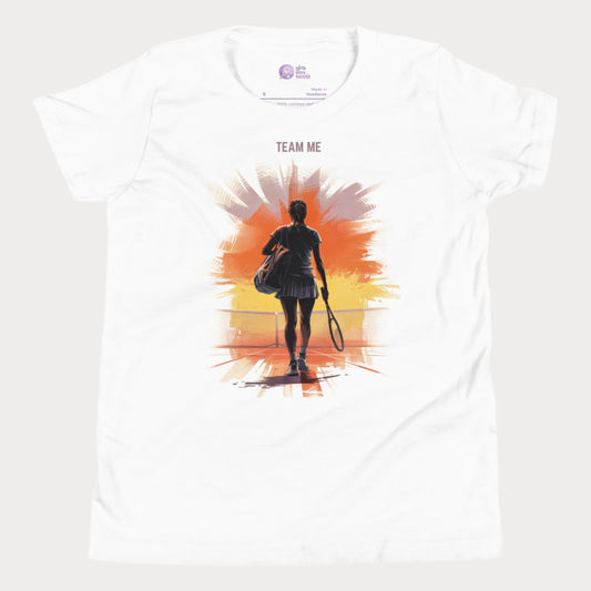 White girls tennis t-shirt with a silhouette of a young player walking onto a sunset-lit court and the slogan "TEAM ME" above.