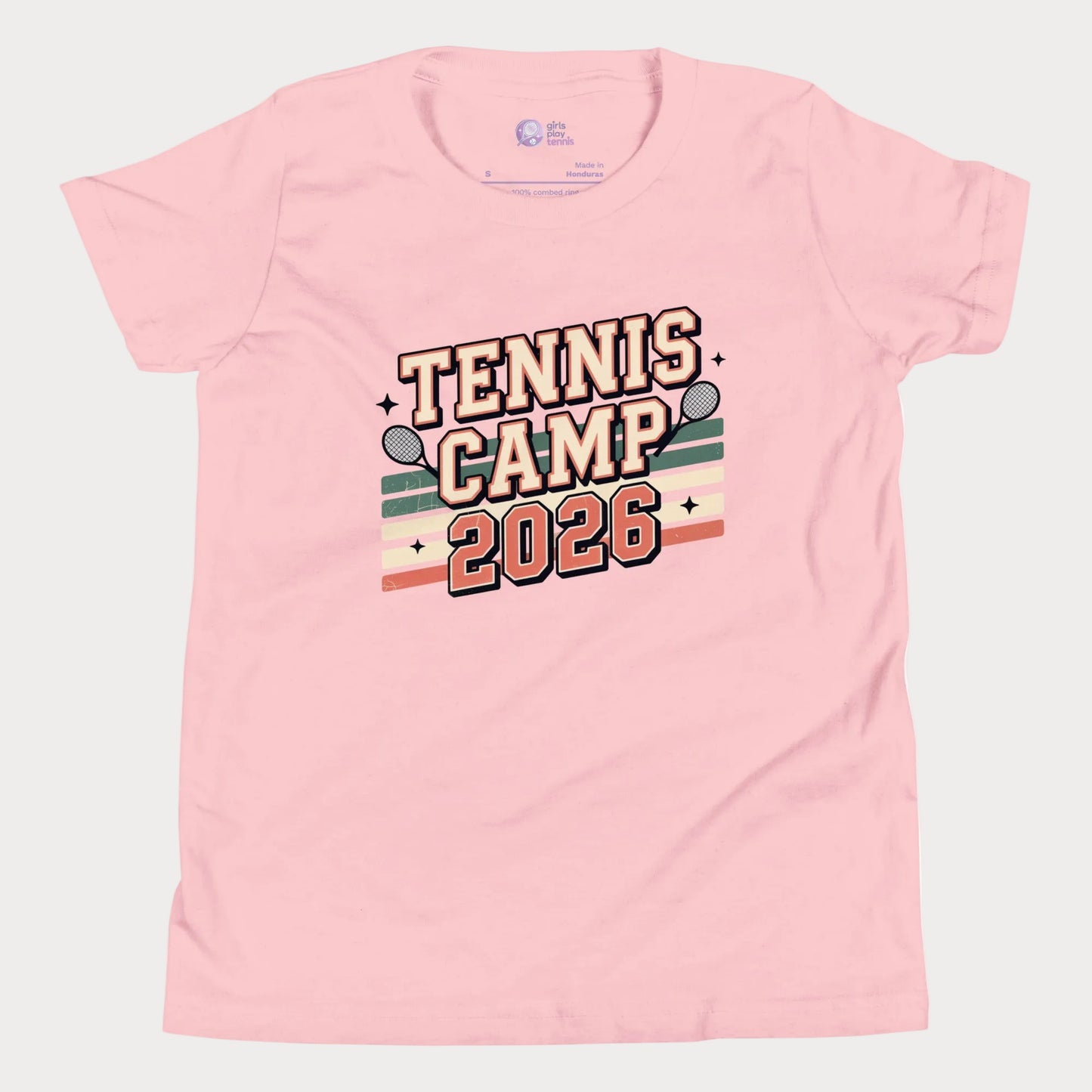 Pink Tennis Camp 2026 vintage-inspired summer tennis camp t-shirt for kids