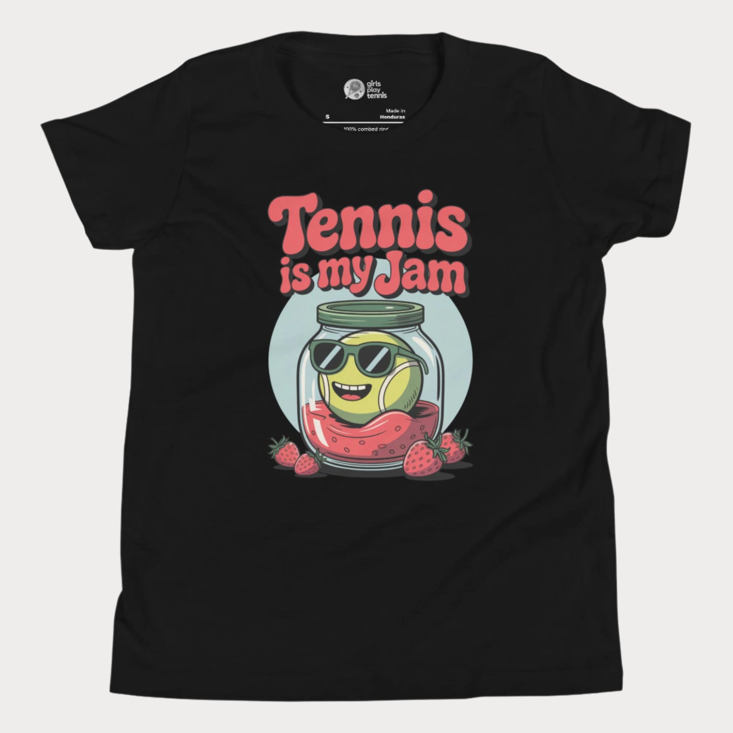 Black kids tennis t-shirt with fun ‘Tennis is my Jam’ graphic of tennis ball in strawberry jam jar.