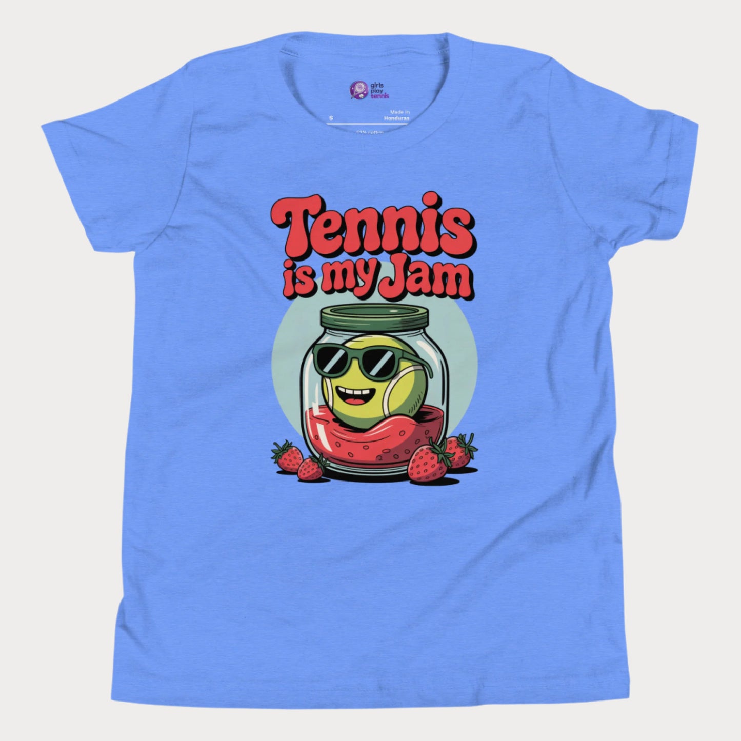 Blue kids tennis t-shirt with fun ‘Tennis is my Jam’ graphic of tennis ball in strawberry jam jar