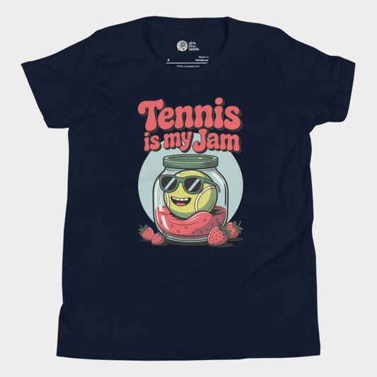 Navy kids tennis t-shirt with fun ‘Tennis is my Jam’ graphic of tennis ball in strawberry jam jar