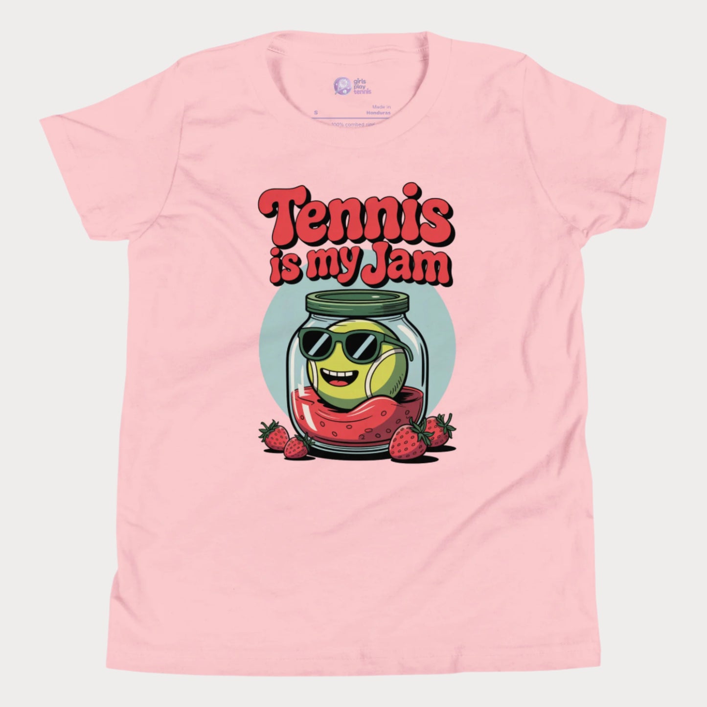 Pink kids tennis t-shirt with fun ‘Tennis is my Jam’ graphic of tennis ball in strawberry jam jar