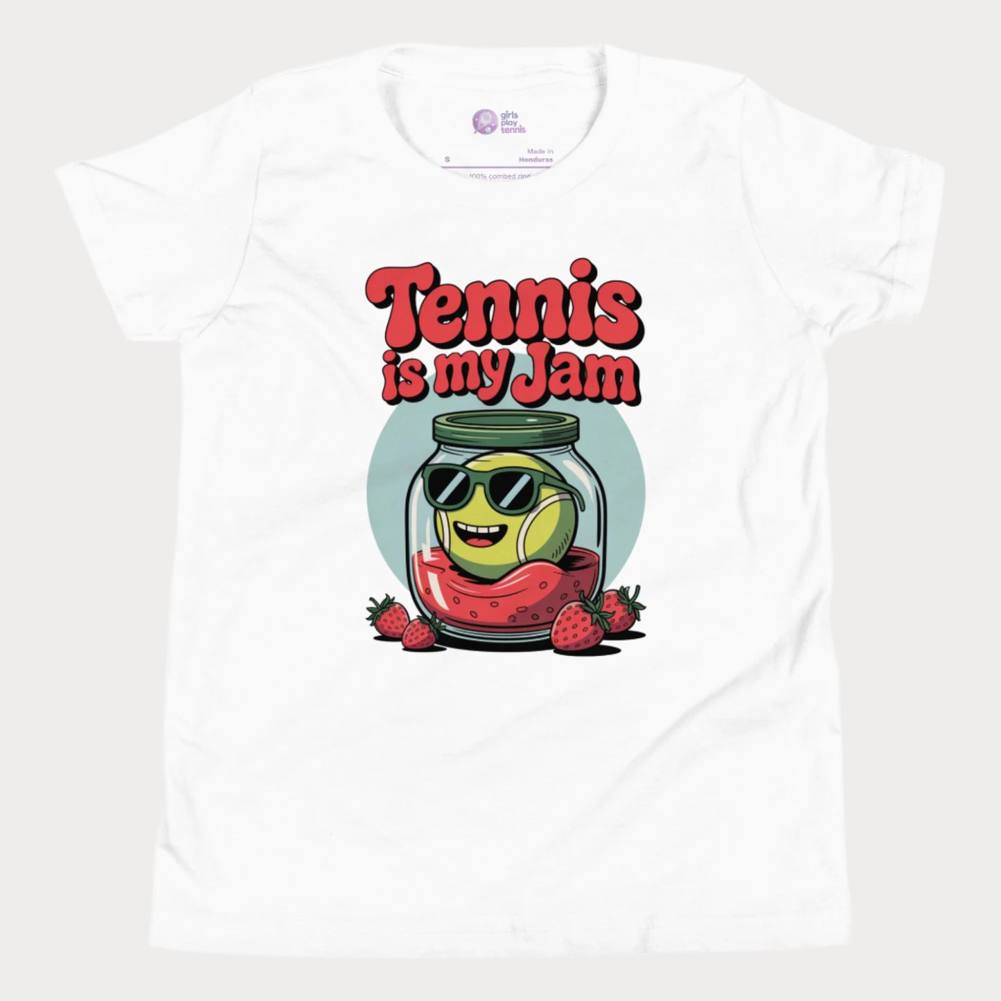 White kids tennis t-shirt with fun ‘Tennis is my Jam’ graphic of tennis ball in strawberry jam jar