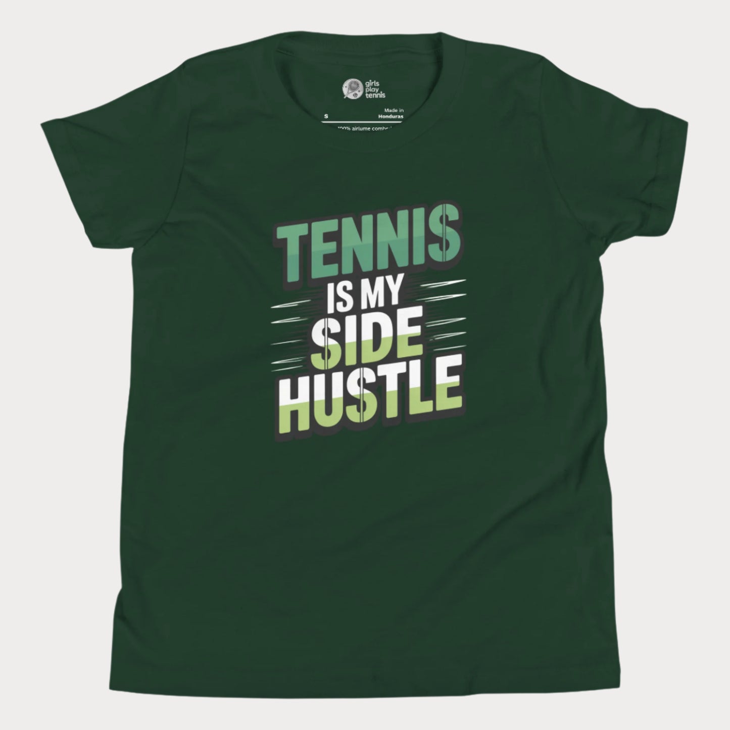 Girls tennis t-shirt with 'Tennis Is My Side Hustle' slogan, celebrating hustle and grit during hard court season.