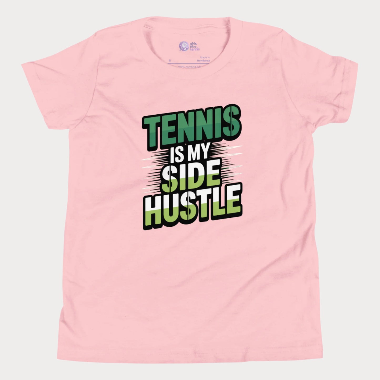 Girls tennis t-shirt with 'Tennis Is My Side Hustle' slogan, celebrating hustle and grit during hard court season.