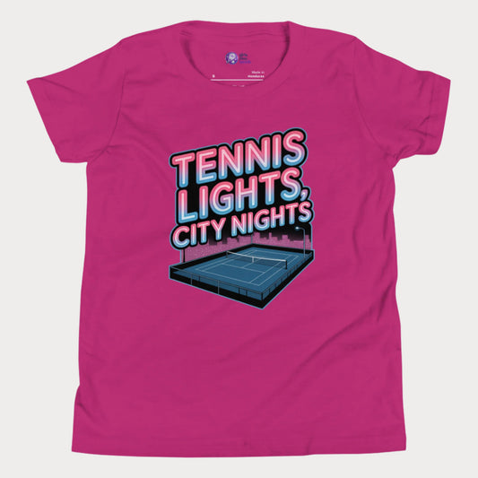 Girls Play Tennis neon Tennis Lights City Nights t-shirt with hard court design, US hard court season girls tennis shirt