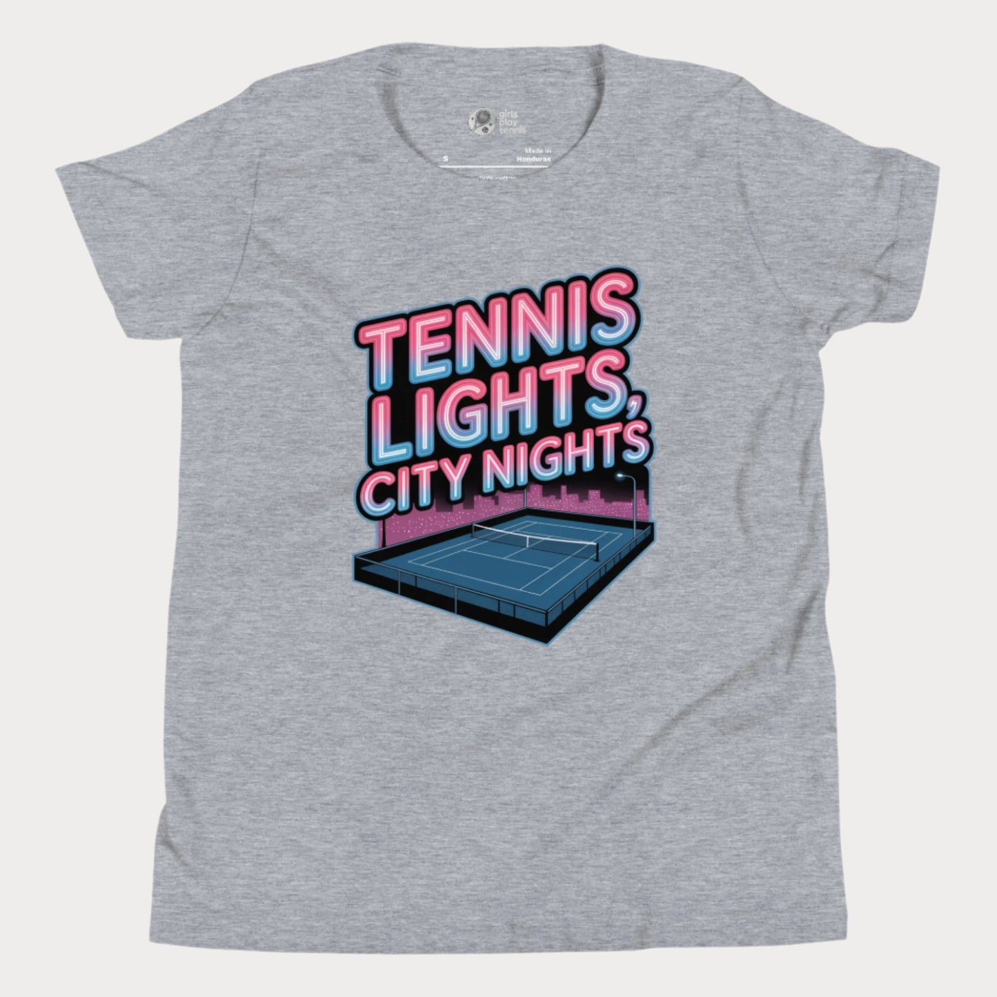 Girls Play Tennis neon Tennis Lights City Nights t-shirt with hard court design, US hard court season girls tennis shirt