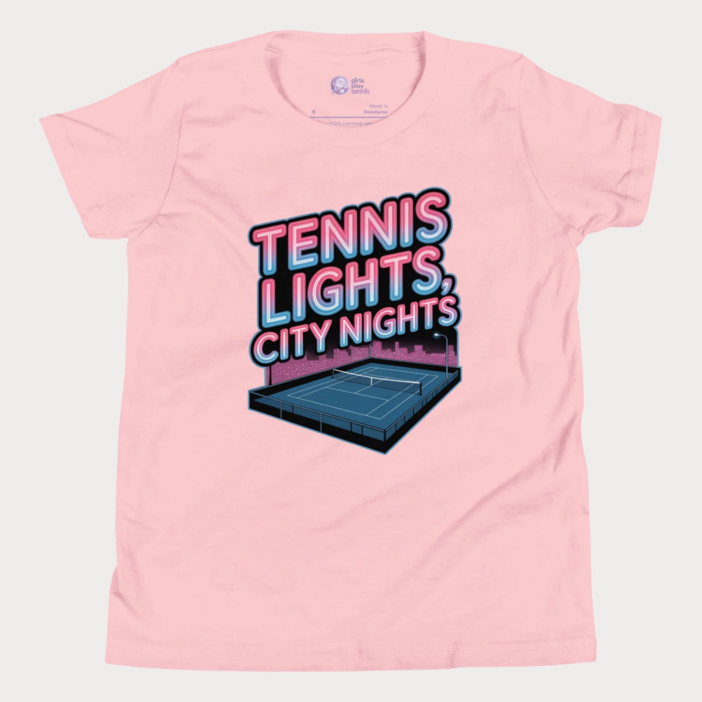 Girls Play Tennis neon Tennis Lights City Nights t-shirt with hard court design, US hard court season girls tennis shirt