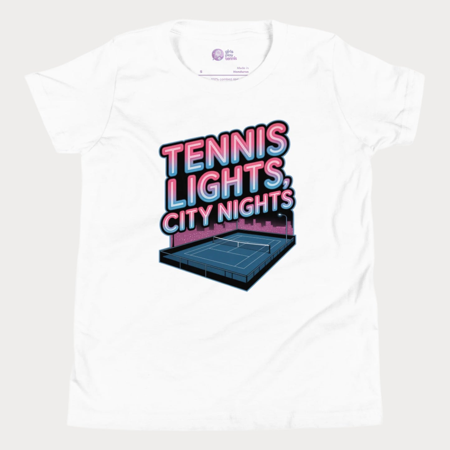 Girls Play Tennis neon Tennis Lights City Nights t-shirt with hard court design, US hard court season girls tennis shirt