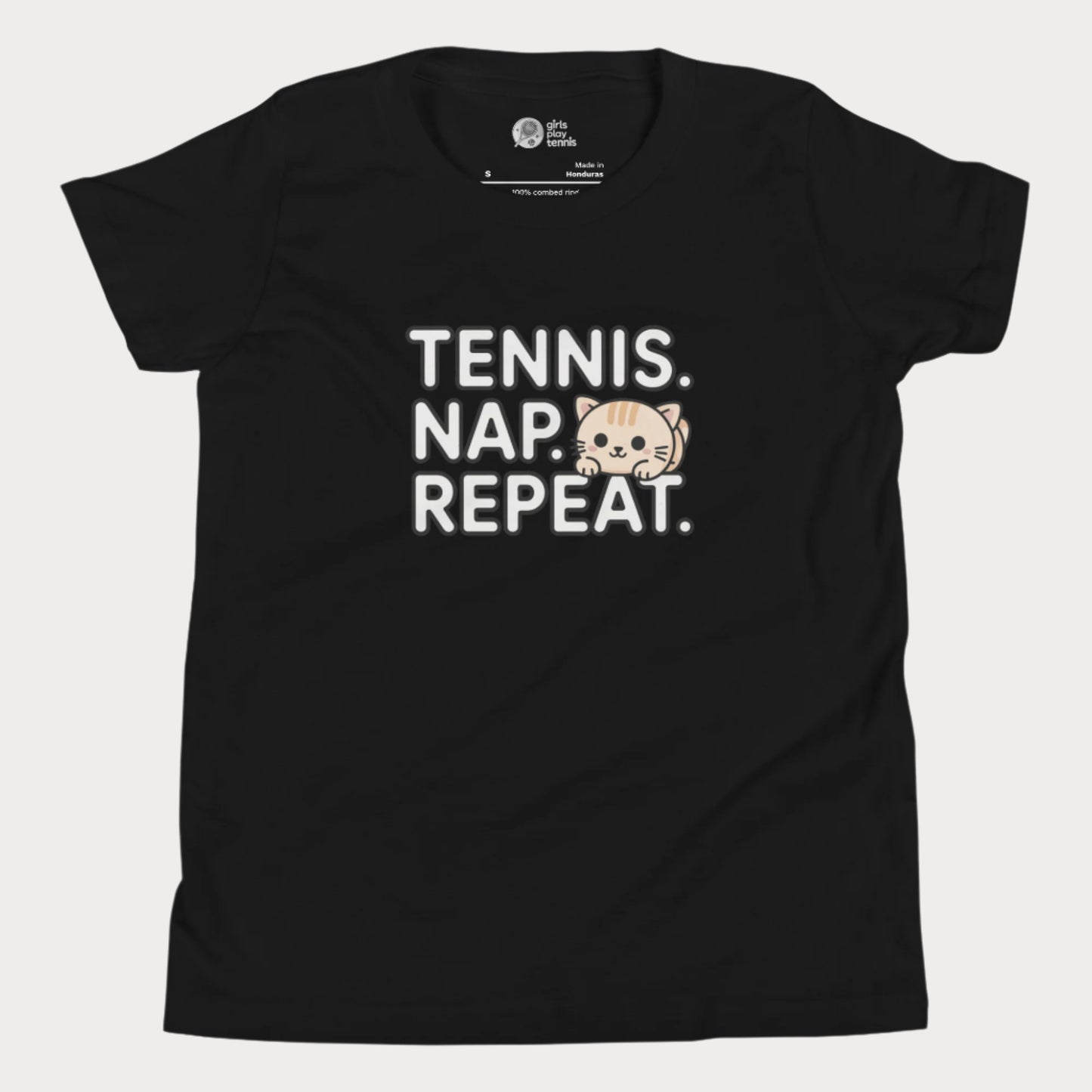 Black kids tennis t-shirt with “Tennis. Nap. Repeat.” text and a cute cartoon cat illustration, part of the Girls Play Tennis apparel line.
