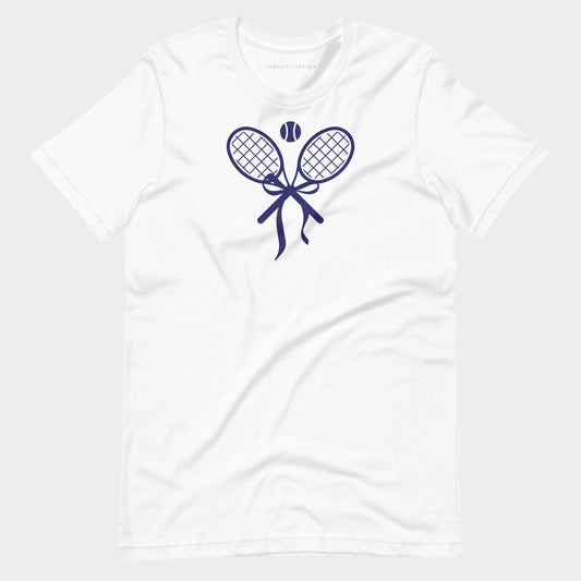 White women's tennis t-shirt with a crossed tennis racket bow graphic on the chest