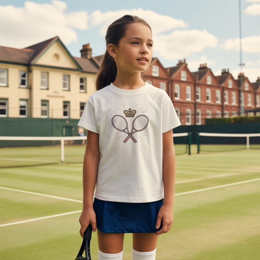 Young girls standing on a grass court tennis court in England and wearing a white girls tennis t-shirt with crown and crossed rackets design.