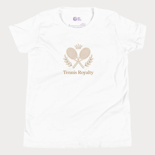 Kids’ T-shirt with elegant Tennis Royalty slogan and crossed racket crest design for girls who love tennis.