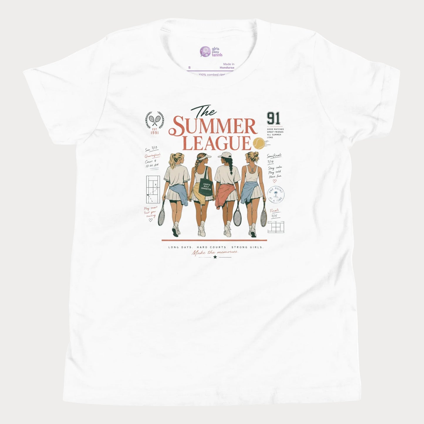 Girl’s white Summer League tennis t-shirt with nostalgic vintage-inspired artwork celebrating friendship, summer tennis, and life around the courts.