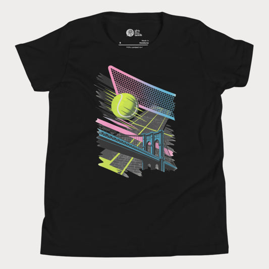 Girls black tennis t-shirt with neon tennis ball and urban bridge design
