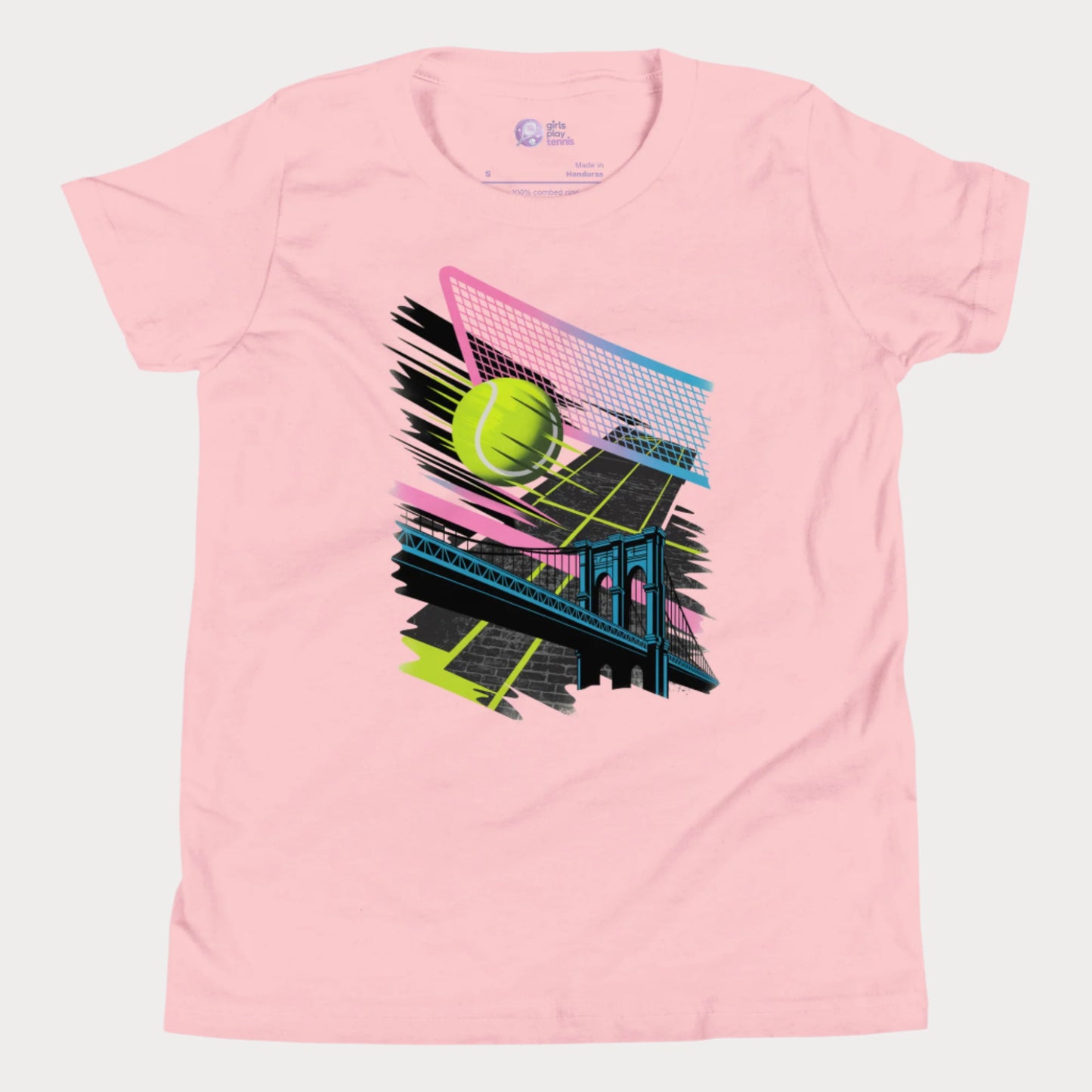 Girls pink tennis t-shirt with neon tennis ball and urban bridge design