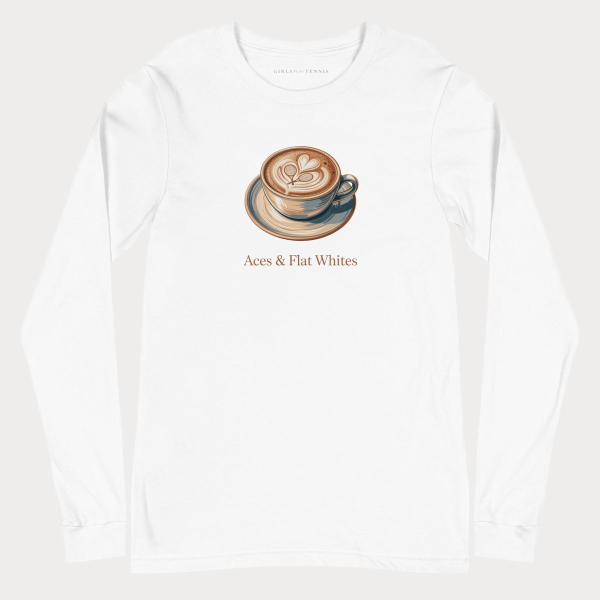 White Aces & Flat Whites women's tennis long-sleeve T-shirt with a latte art cup graphic above the words Aces & Flat Whites