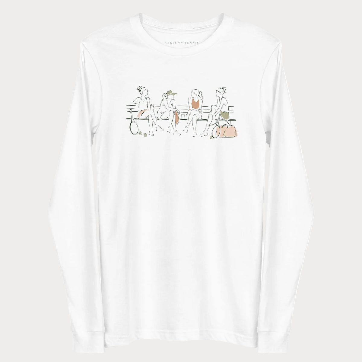 White Baseline Conversations women's tennis long-sleeve T-shirt with a line illustration of four women in tennis outfits sitting on a bench