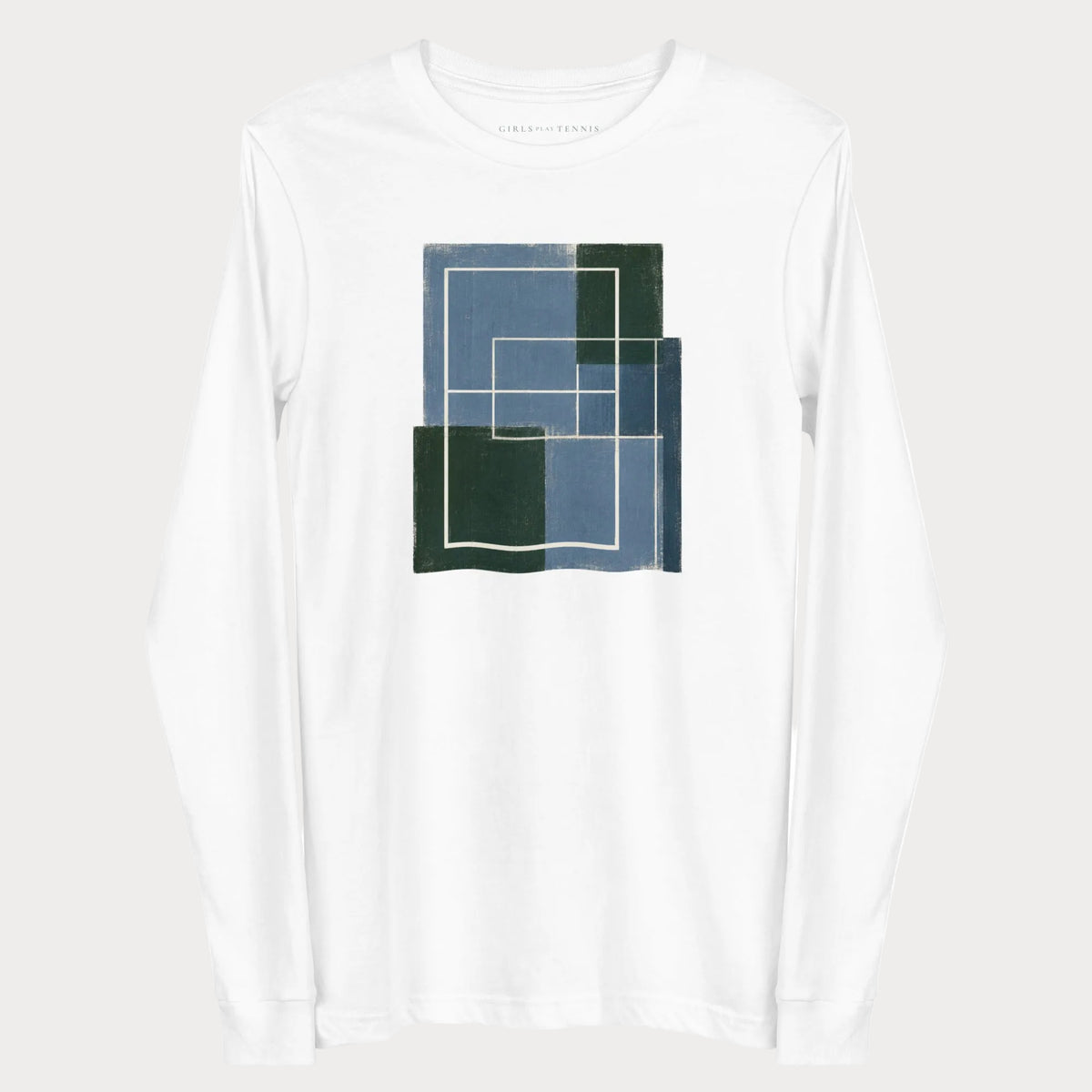 White Hard Court Study No. 3 women's tennis long-sleeve T-shirt with an abstract steel blue and dark green tennis court print