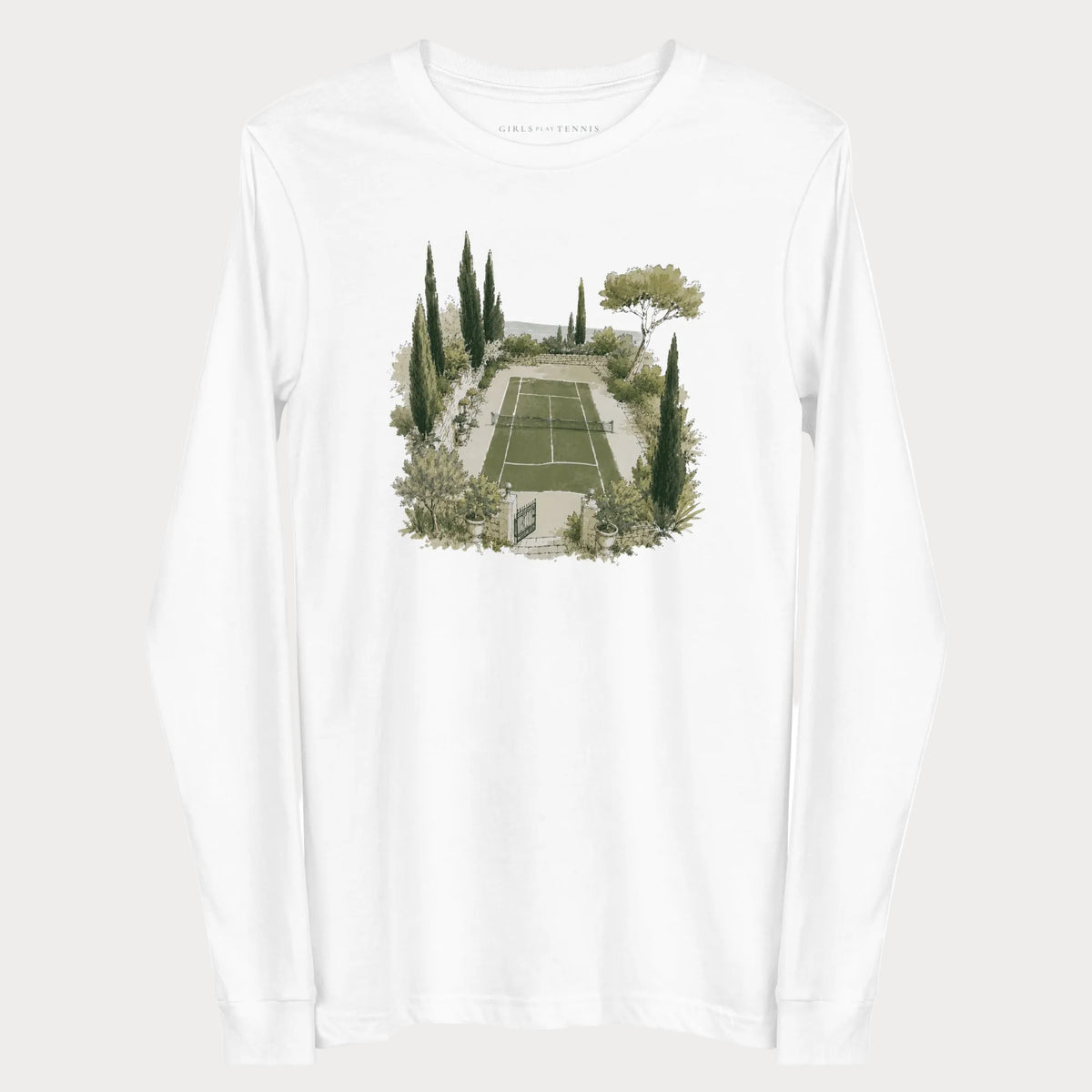 White Hidden Court women's tennis long-sleeve T-shirt with an illustration of a garden tennis court framed by cypress trees