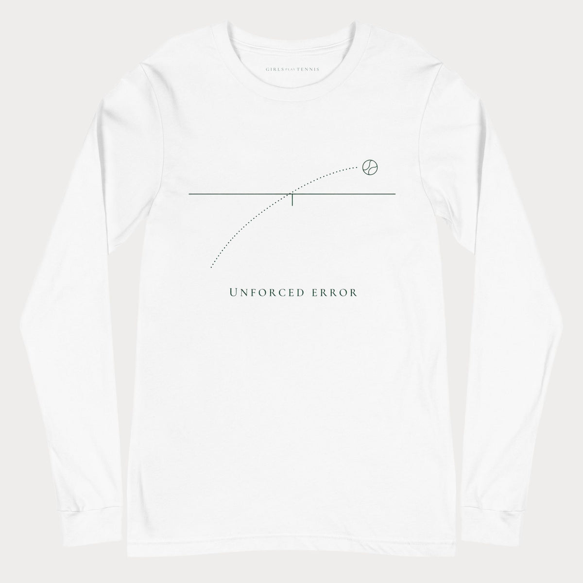 White Unforced Error women's tennis long-sleeve T-shirt with a thin line drawing of a dotted ball trajectory above a net line