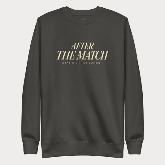 Vintage black After the Match women's tennis crewneck sweatshirt with cream lettering reading After the Match above Stay a Little Longer