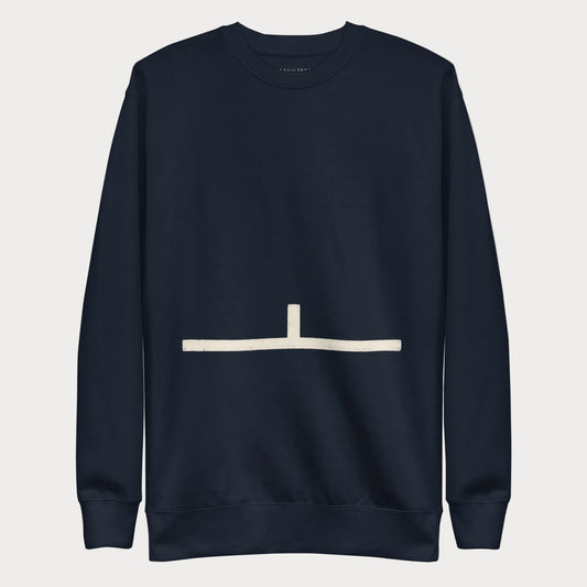 Navy Court Lines Study No. 3 women's tennis crewneck sweatshirt with a cream horizontal line with a short vertical line rising from its center