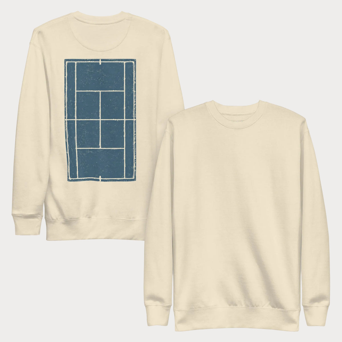 Front and back views of a bone Hard Court Study No. 1 crewneck sweatshirt: the front is blank and the back is printed with a distressed steel blue hard court seen from above