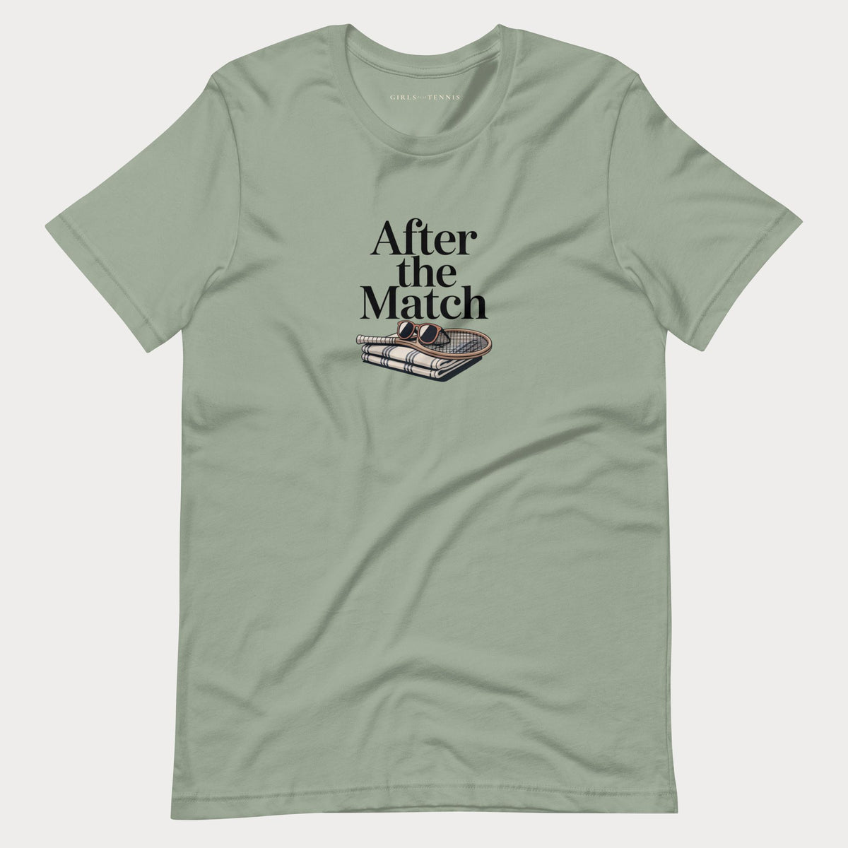 Sage green After the Match women's tennis T-shirt with a striped towel, wooden racket and sunglasses graphic