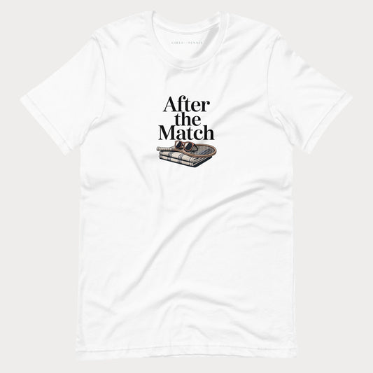 White After the Match women's tennis T-shirt with a striped towel, wooden racket and sunglasses graphic
